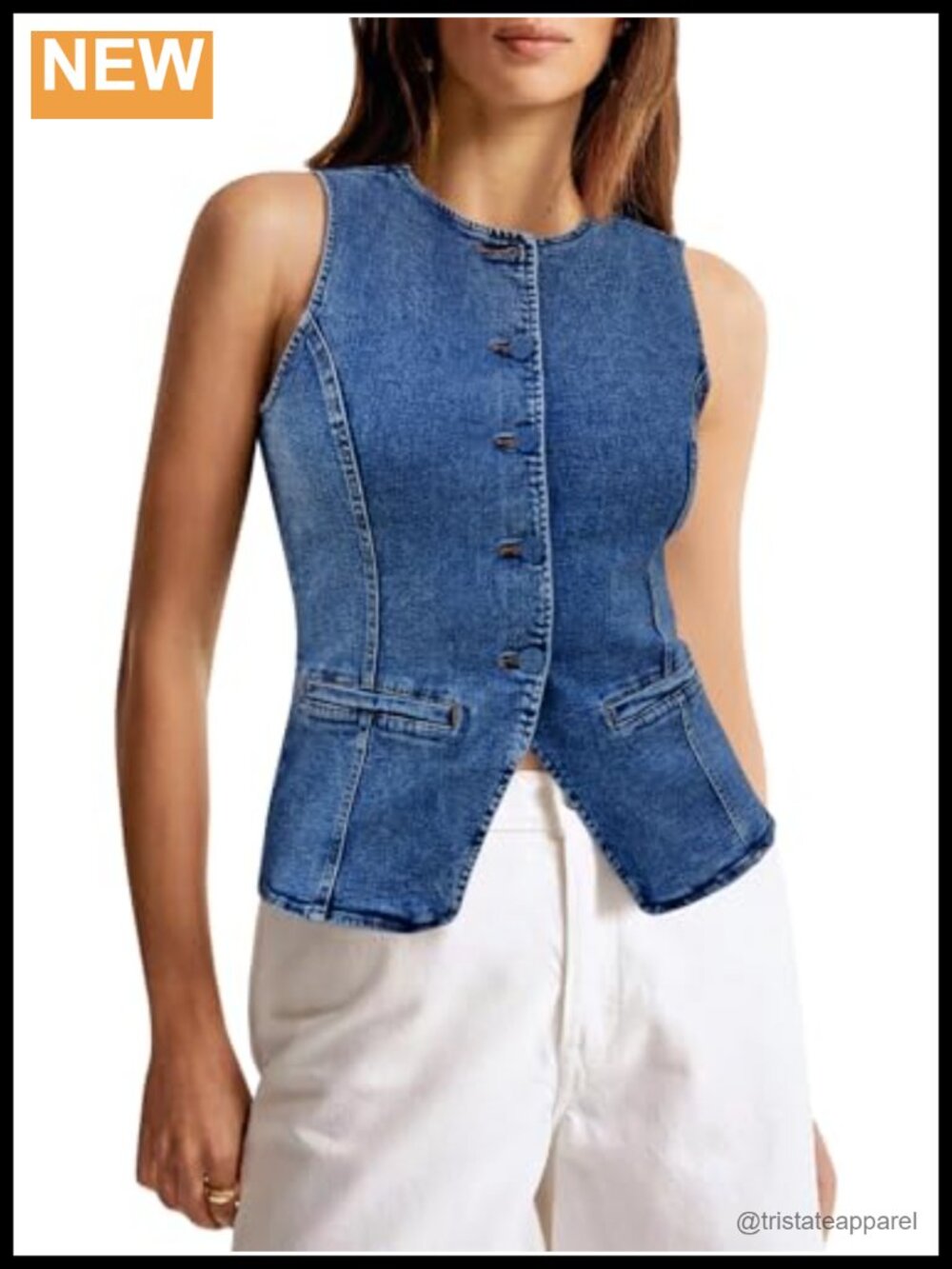 Womens Sleeveless Button Down Denim Vest Crop Top